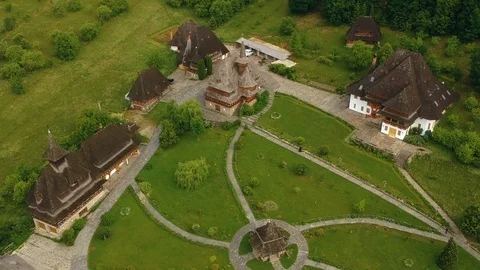 Aerial view over Barsana Monastery, Maramures Stock Footage 90059095