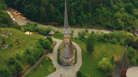 Aerial view over Barsana Monastery, Maramures Stock Footage 90059332