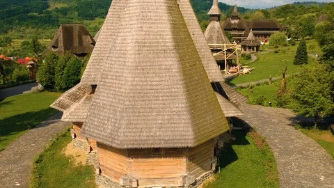 Aerial view over Barsana Monastery, Maramures Stock Footage 90059543
