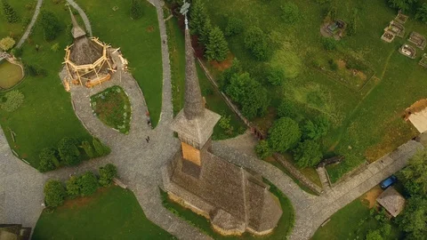 Aerial view over Barsana Monastery, Maramures Stock Footage 90060166