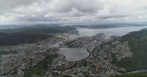 Aerial view over the beautiful city Bergen, Norway Stock Footage