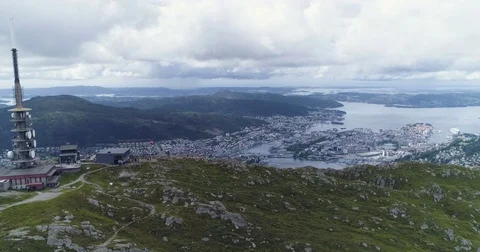 Aerial view over the beautiful city Bergen, Norway Stock Footage
