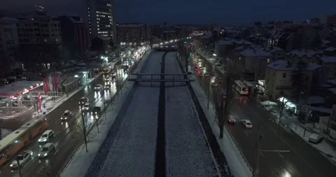 Aerial view over a boulevard in the evening in winter in the city of Sofia Stock Footage 261018782