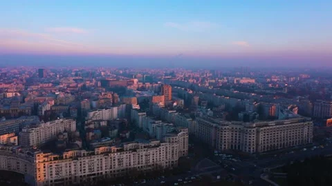 Aerial view over Bucharest City center skyline at dusk. Bucharest City. Video stock 150571423