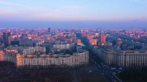 Aerial view over Bucharest City center skyline at dusk. Bucharest City. Video stock 150571828