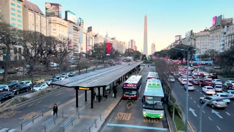 Aerial view over bus lanes in busy 9 de Julio Avenue in rush hour, Stock Footage 219984287