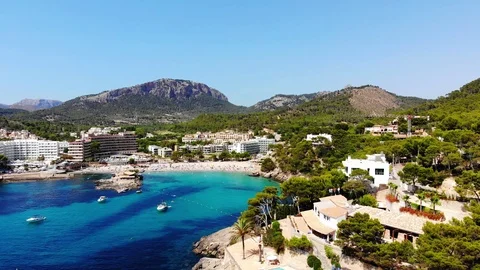 Aerial view over Camp de Mar with hotels and beaches, Costa de La Calma, Mall Stock Footage 100634910