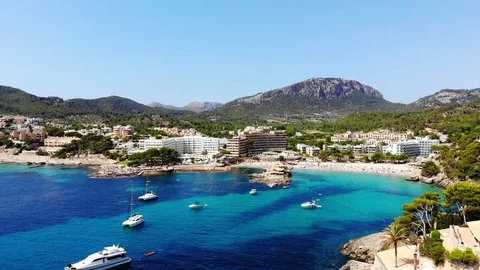 Aerial view over Camp de Mar with hotels and beaches, Costa de La Calma, Mall Stock Footage 100634914