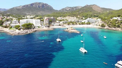 Aerial view over Camp de Mar with hotels and beaches, Costa de La Calma, Mall Stock Footage 100635044