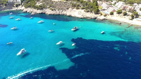 Aerial view over Camp de Mar with hotels and beaches, Costa de La Calma, Mall Stock Footage 100635508