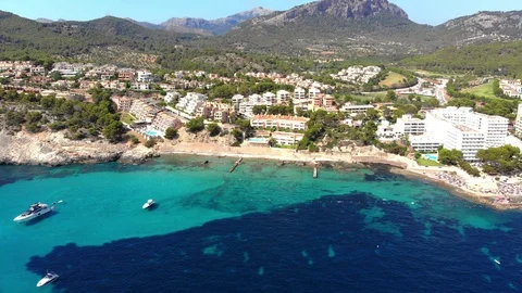Aerial view over Camp de Mar with hotels and beaches, Costa de La Calma, Mall Stock Footage 100635614