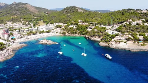 Aerial view over Camp de Mar with hotels and beaches, Costa de La Calma, Mall Stock Footage 100635669