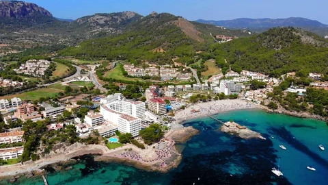Aerial view over Camp de Mar with hotels and beaches, Costa de La Calma, Mall Stock Footage 100635984