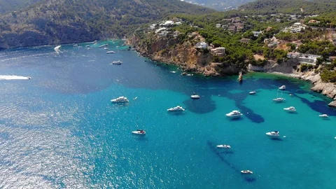 Aerial view over Camp de Mar with hotels and beaches, Costa de La Calma, Mall Stock Footage 100636030