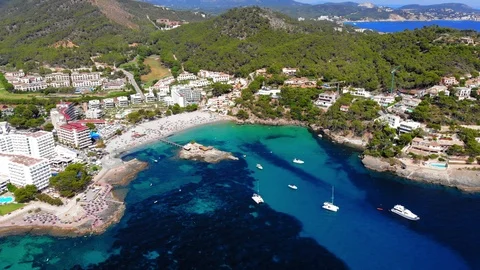Aerial view over Camp de Mar with hotels and beaches, Costa de La Calma, Mall Stock Footage 100636131