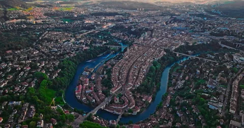 Aerial view over the city of Bern the capital city of Switzerland the historic Stock Footage 342816992