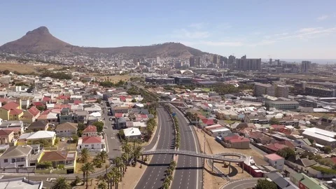 Aerial view over city of Cape Town during Corona virus lockdow, empty streets Stock Footage