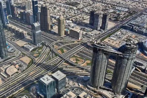 Aerial view over the city center of dubai on a sunny day Stock Photos