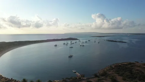 Aerial view over the clear beach and turquoise water of Formentera, Ibiza. Stock Footage 139708037