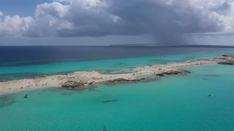 Aerial view over the clear beach and turquoise water of Formentera, Ibiza. Stock Footage 139709883