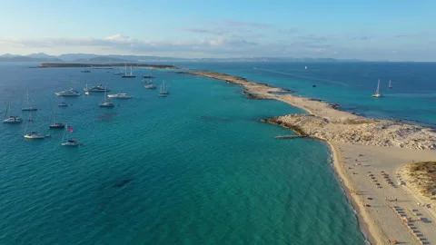 Aerial view over the clear beach and turquoise water of Formentera, Ibiza. Stock Footage 148254651