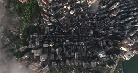 Aerial view over clouds, above Central, Hong Kong - top down, drone shot Stock Footage 241970605