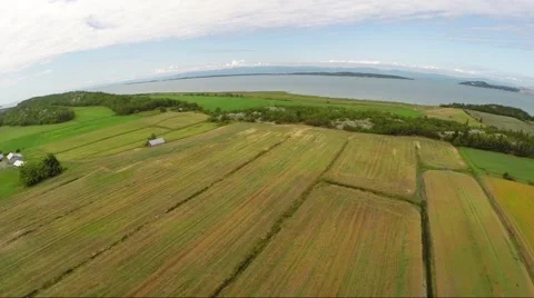 Aerial view over crop fields on St Lawrence River shoreline in Gaspe Peninsula 動画素材 53098593