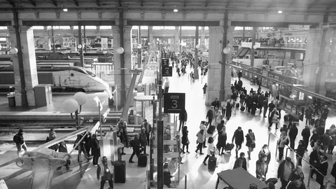 Aerial view over crowd exiting Eurostar train in France Paris Stock Footage 102734953