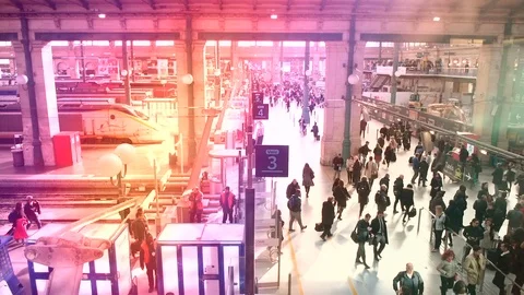 Aerial view over crowd exiting Eurostar train in France Paris Stock Footage 102734960