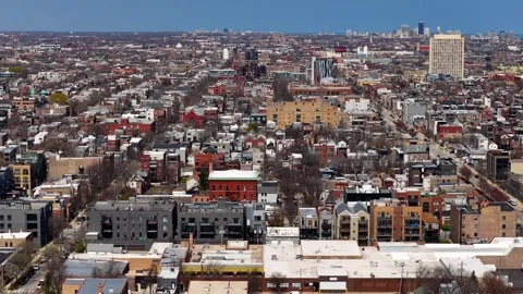 Aerial view over a dense colorful Chicago suburbs. Stock Footage 340490856