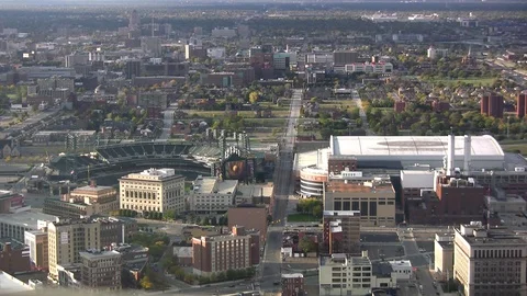 Aerial view over Detroit with Ford Field and Comerica Park, Michigan, USA. Stock Footage