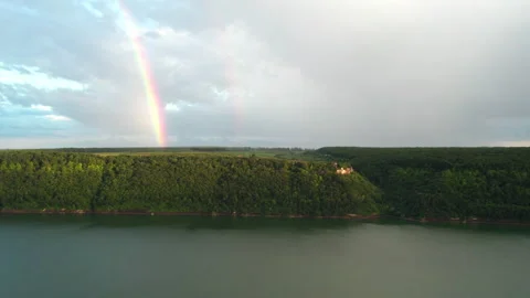 Aerial view over Dnister river with the rainbow. Stock Footage 159307353