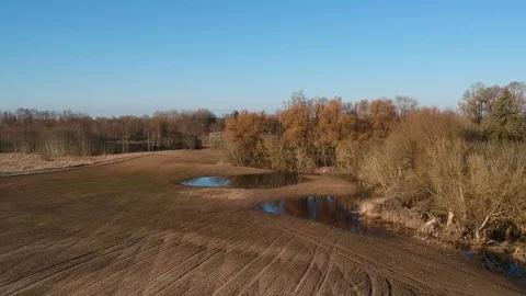 Aerial view over early spring  field with puddles and bushes Stock Footage 89515367
