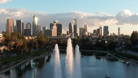 Aerial view over Echo Park of downtown Los Angeles skyscrapers from above. Stock Footage 103653892