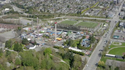 Aerial view over an empty amusement park. Stock Footage 154691543