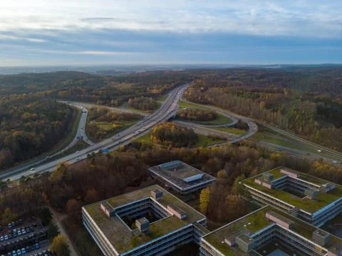 Aerial view over the famous Eiermann Campus in Stuttgart over the highway A8 Stock Photos