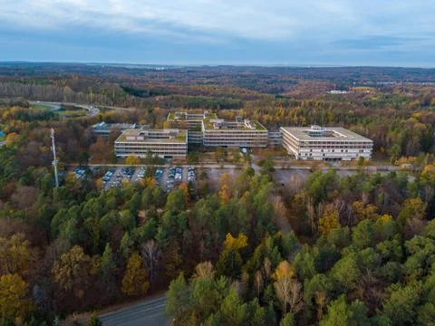 Aerial view over the famous Eiermann Campus in Stuttgart over the highway A8 Stock Photos