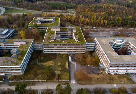 Aerial view over the famous Eiermann Campus in Stuttgart over the highway A8 Stock Photos