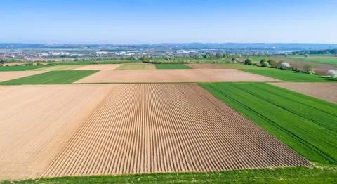 Aerial view over fields in the spring Stock Photos