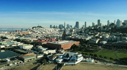 Aerial view over Fishermans Wharf, San Francisco, USA Stock Footage