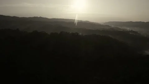 Aerial view over a forest in the mountains during sunrise Stock Footage 165844246