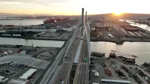 Aerial view over freeway, bridge and shipyard containers in Long Beach Stock Footage 171835428