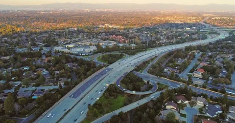Aerial view over freeway in Silicon Valley Cupertino Stock Footage 73156167