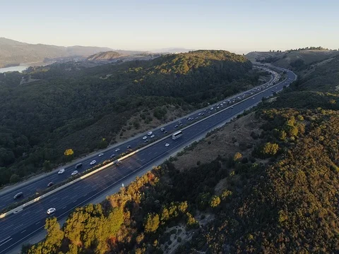Aerial view over freeway in Silicon Valley Cupertino, USA Stock Footage 83529113