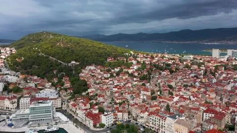 Aerial view over the  Grand Split city , harbor &amp; Marjan hill in summer Video stock 171828566