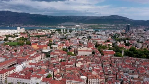 Aerial view over the  Grand Split city , harbor &amp; Marjan hill in summer Stock Footage 171828596