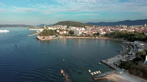 Aerial view over the  Grand Split city &amp; Bacvice Beach in summer morning Stock Footage 171828971