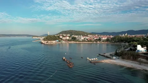 Aerial view over the  Grand Split city &amp; Bacvice Beach in summer morning Stock Footage 171828982