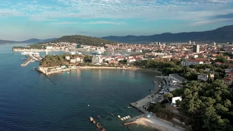 Aerial view over the  Grand Split city &amp; Bacvice Beach in summer morning Stock Footage 171829000