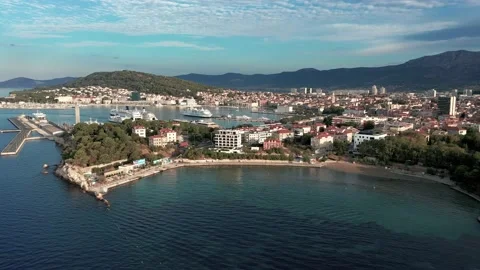 Aerial view over the  Grand Split city &amp; Bacvice Beach in summer morning Stock Footage 171829234